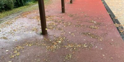 Durch Laub und Schmutz stark verunreinigte Tartanfläche Durch Laub und Schmutz stark verunreinigte Tartanfläche